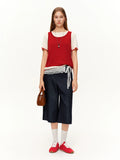 DUSHU 2026 Spring Women's Lace Overlay Denim Cropped Straight Leg Jeans, High Waist Pants with Detachable Y2K Layered Style