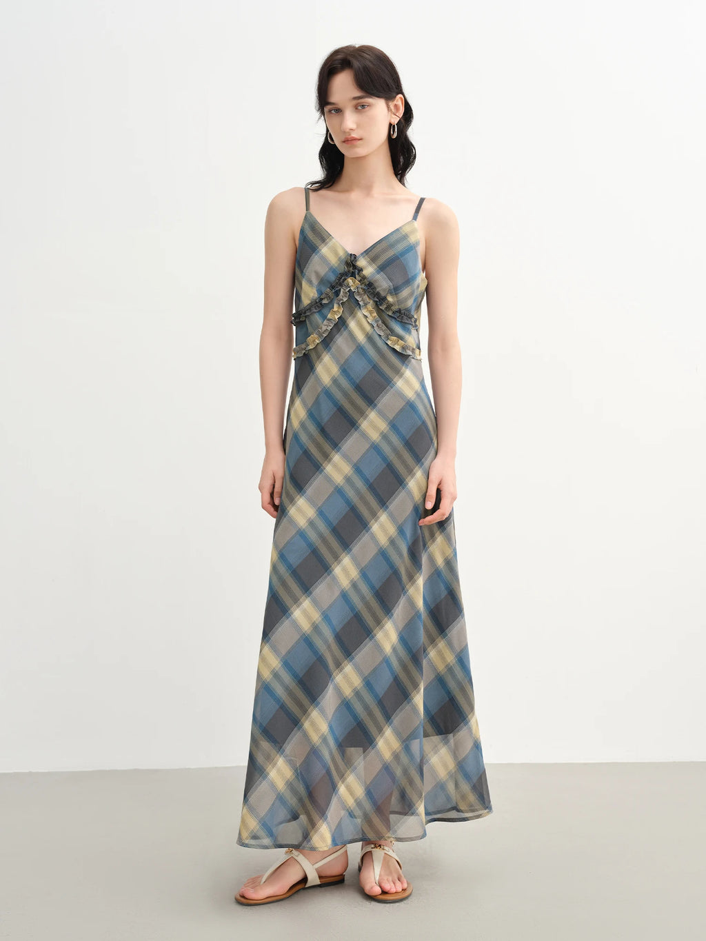 DUSHU 2025 Summer Women's Floral Checkered Maxi Dress - Curve-Flattering Ruffle Trim & A-Line Silhouette for Elegant Occasions