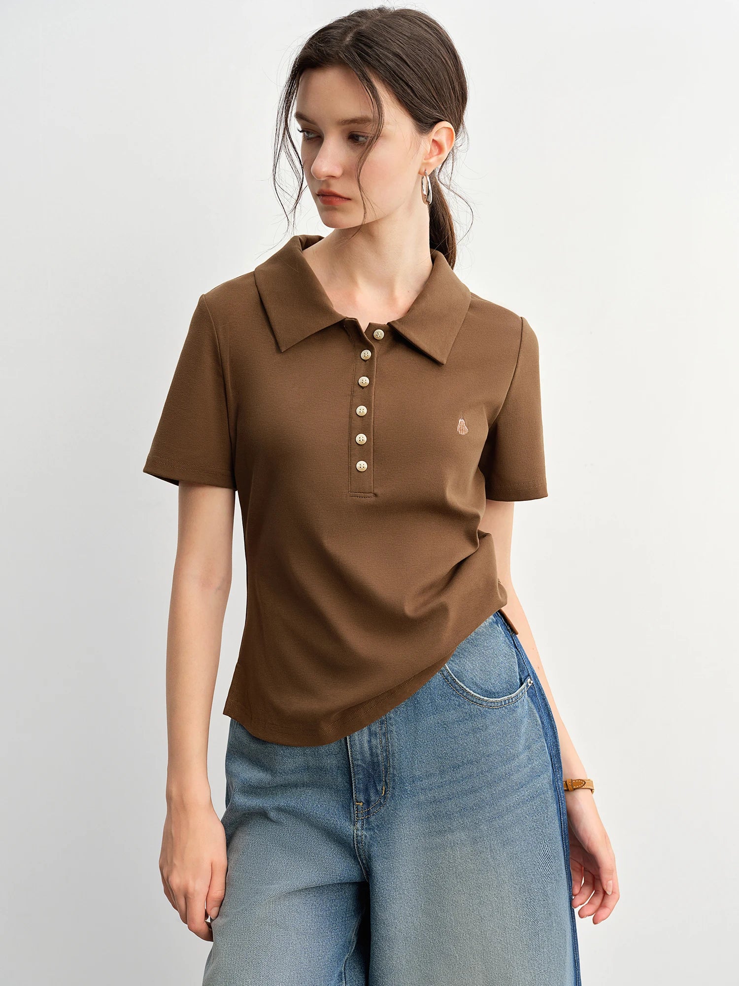 DUSHU Plus Size Women's Casual Simple Polo Collar T-shirt 2025 Summer New Style Slimming Fit for Plus-sized Girls 25DS82815