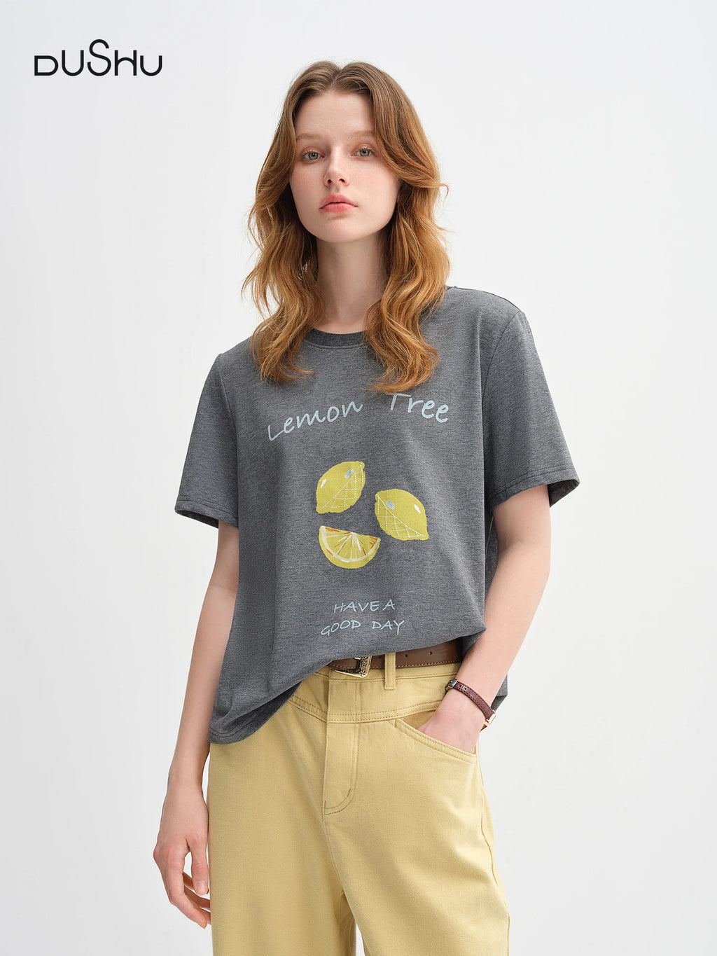 DUSHU 79.6% Cotton Women's Simple Straight Shoulder Loose Fruit Print T-shirt Female 2025 New Autumn Short-sleeved Top 25DS83171