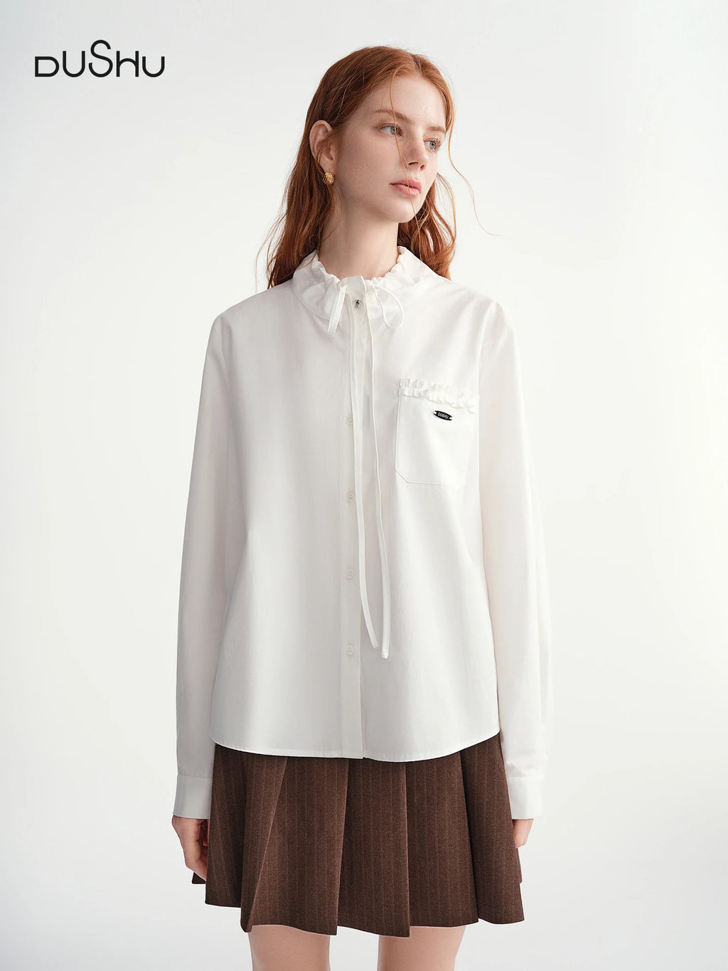 DUSHU Plus Size Women Sweetly Crinkled' White Woodland Collar 100% Cotton Shirt Comfortable 2025 New Arrival Retro Design Blouse