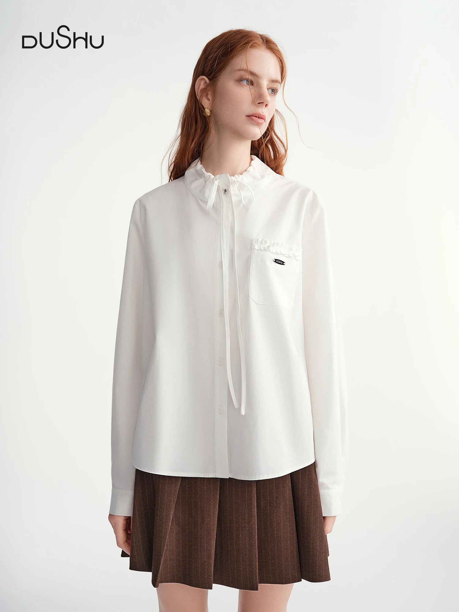 DUSHU Plus Size Women Sweetly Crinkled' White Woodland Collar 100% Cotton Shirt Comfortable 2025 New Arrival Retro Design Blouse