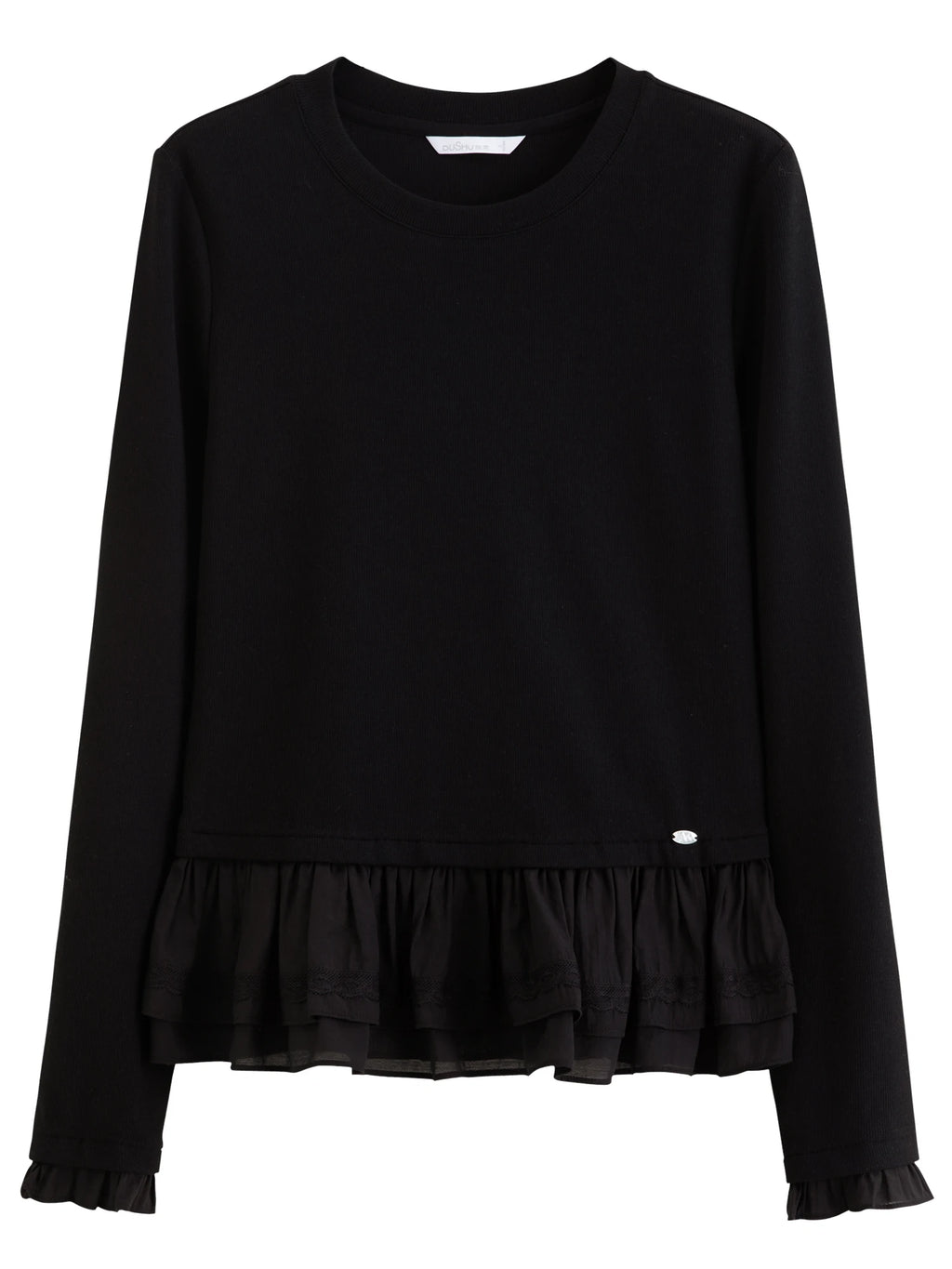DUSHU Spring Women's Round Neck Ruffle Trim Knitted T-Shirt - Flattering Ribbed Texture Base Layer for Casual and Layering Wear