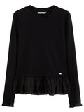 DUSHU Spring Women's Round Neck Ruffle Trim Knitted T-Shirt - Flattering Ribbed Texture Base Layer for Casual and Layering Wear