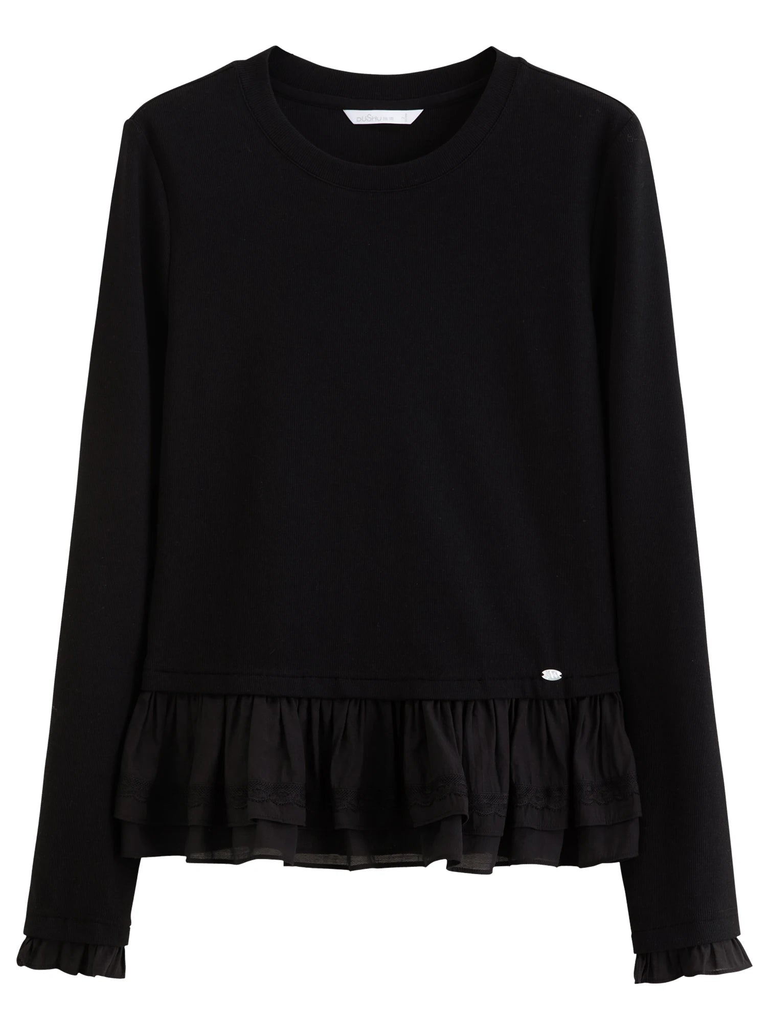 DUSHU Spring Women's Round Neck Ruffle Trim Knitted T-Shirt - Flattering Ribbed Texture Base Layer for Casual and Layering Wear