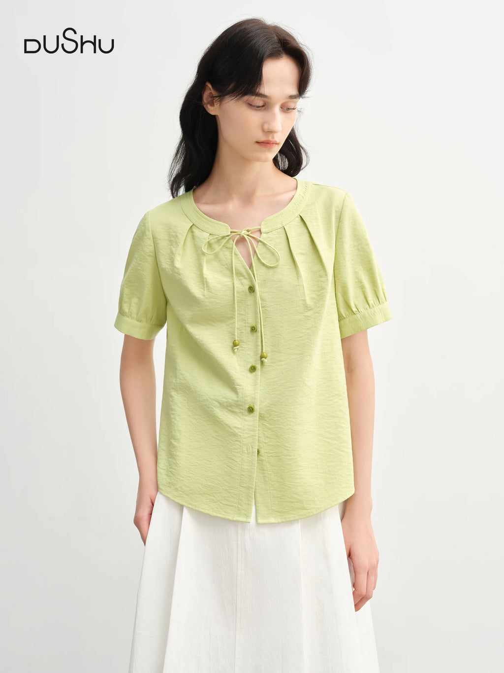 DUSHU 2025 Summer Women's Curve-Flattering H-Line Shirt - Botanical Tie-Waist & Breathable Linen for Effortless Chic