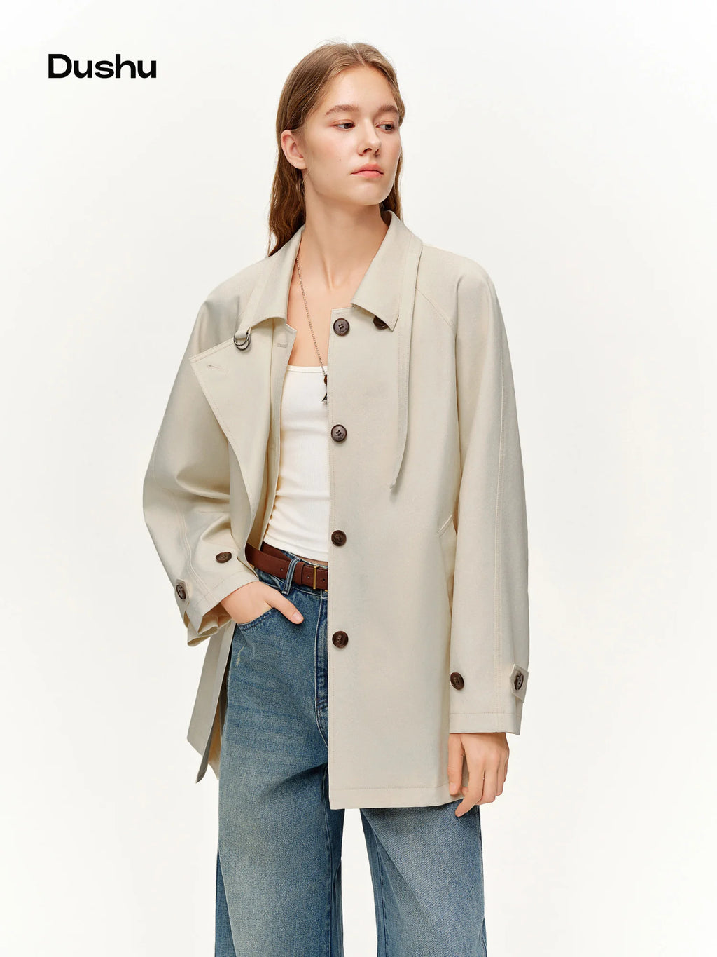 DUSHU British Style Long and Short Trench Coats New Spring 2025 Urban Classic Lapel Jackets Cropped Commuting Temperament