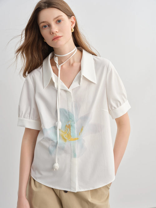 DUSHU 2025 Summer Women's Curve-Flattering Artistic Print Shirt - Relaxed Fit & Unique Pattern Design for Casual Chic