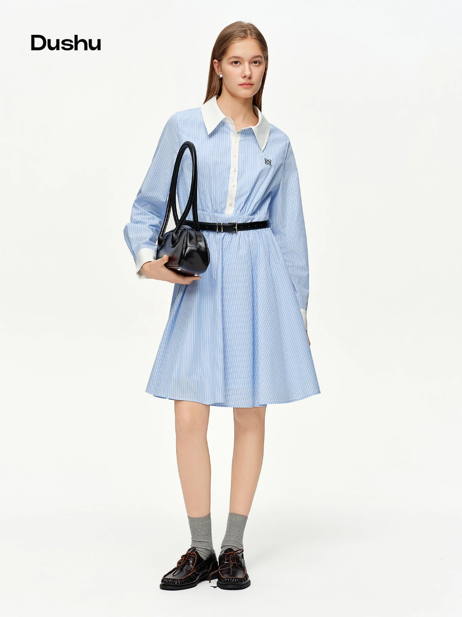 DUSHU 2026 Spring Women's Academic Style Blue White Striped Shirt Dress - Belted Waist A-Line Mid-Length Casual Dress for Campus