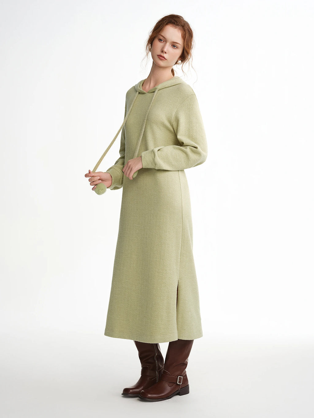 DUSHU 2025 Winter Women's Pom Pom Hooded Knit Dress with Drawstring Waist - Casual Long Sleeve Tunic Dress for Daily Wear