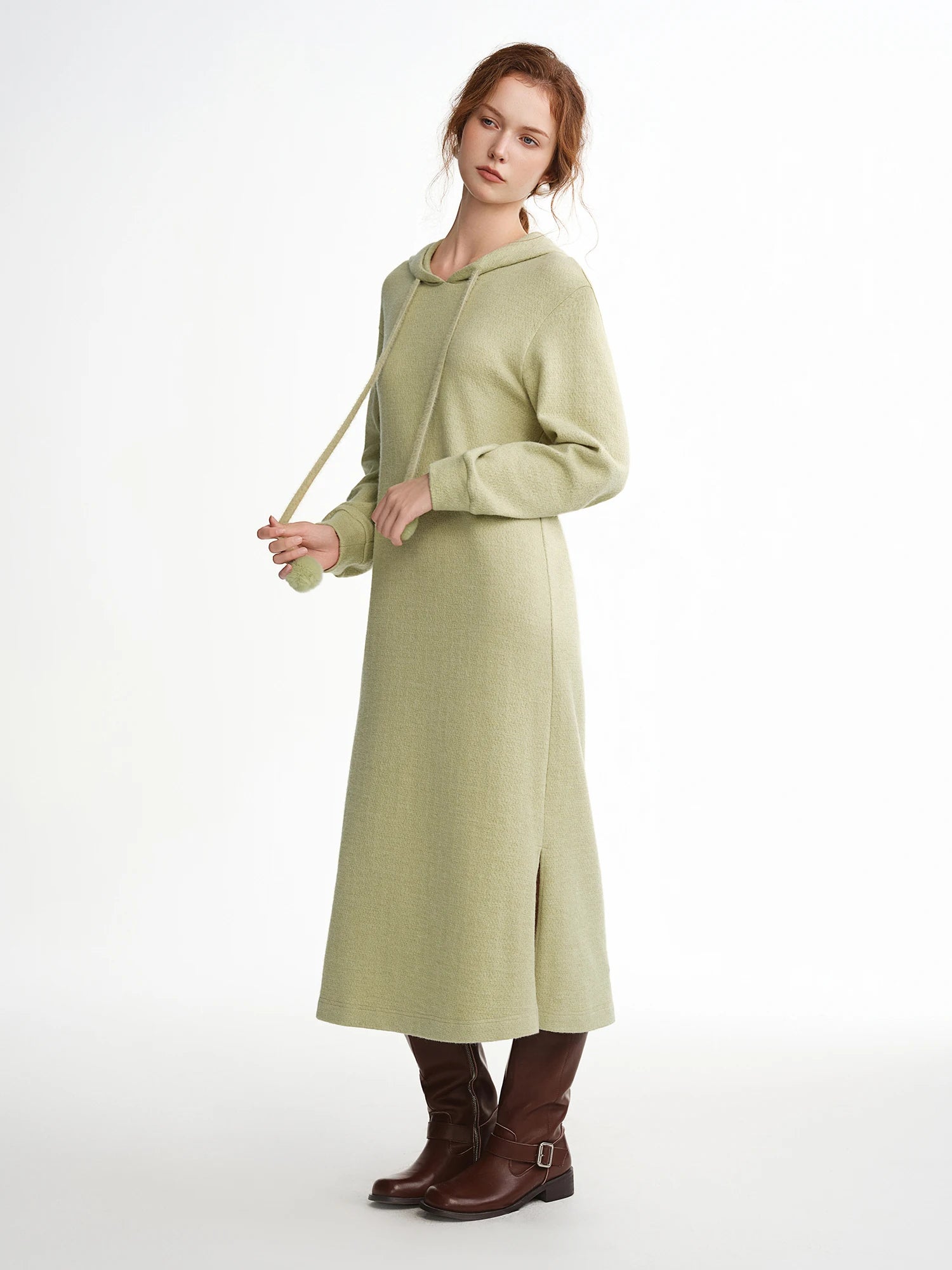 DUSHU 2025 Winter Women's Pom Pom Hooded Knit Dress with Drawstring Waist - Casual Long Sleeve Tunic Dress for Daily Wear