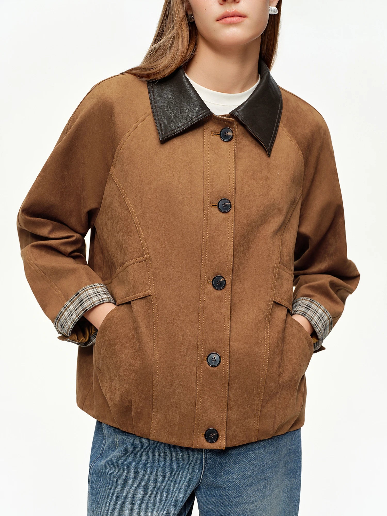 DUSHU 2026 Spring Women's Rustic Faux Suede Loose Fit Cropped Jacket - Soft Comfortable Short Coat for Casual Outdoor Daily Wear