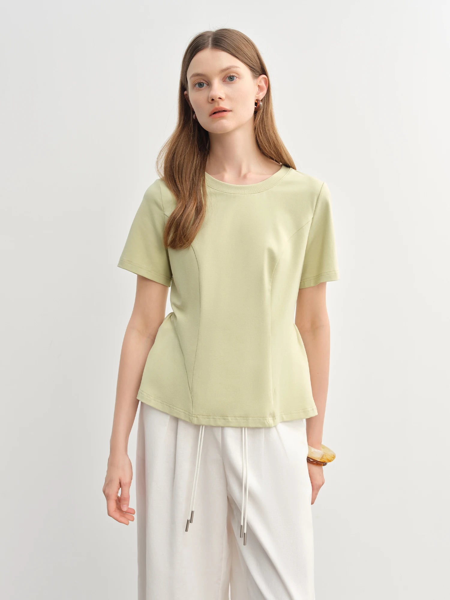 DUSHU Plus Size Women's  Princess Line Split Curved Hem Pleated Slimming T-Shirt New Arrival Tees Tops 25DS82926
