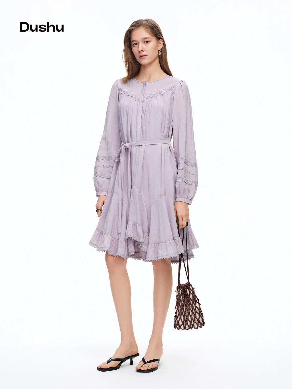 DUSHU 2026 Spring Women's French-Inspired Lace Trim Asymmetric Hem Purple Retro Dress - Elegant Vintage Style Ruffle Detail