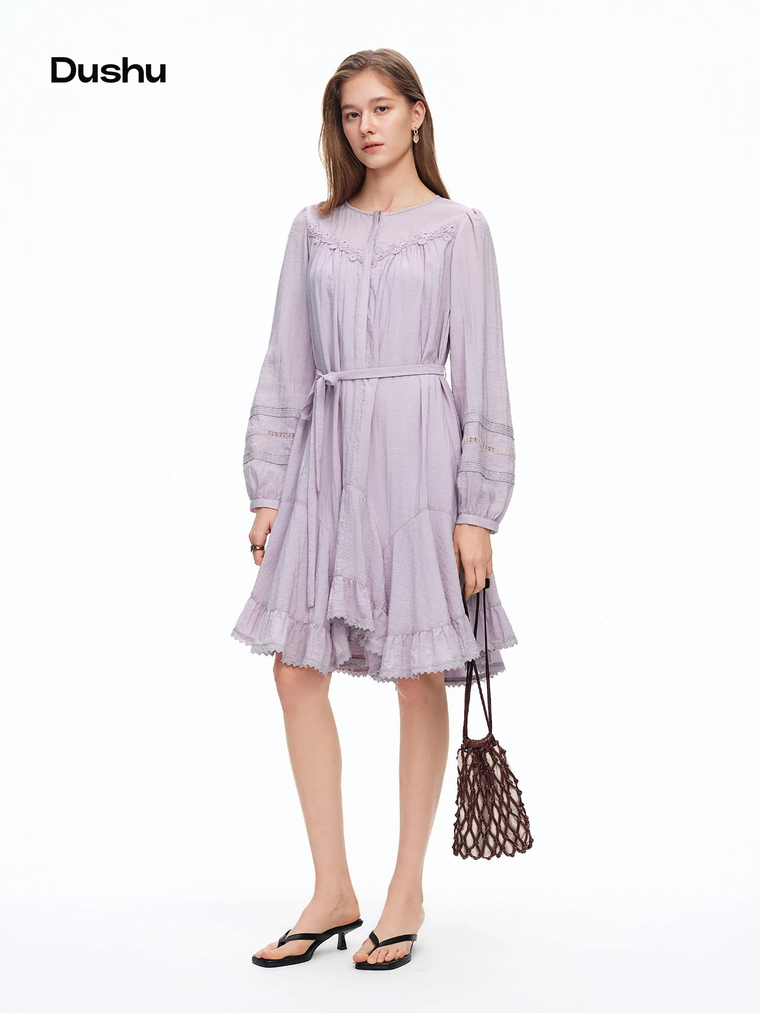 DUSHU 2026 Spring Women's French-Inspired Lace Trim Asymmetric Hem Purple Retro Dress - Elegant Vintage Style Ruffle Detail