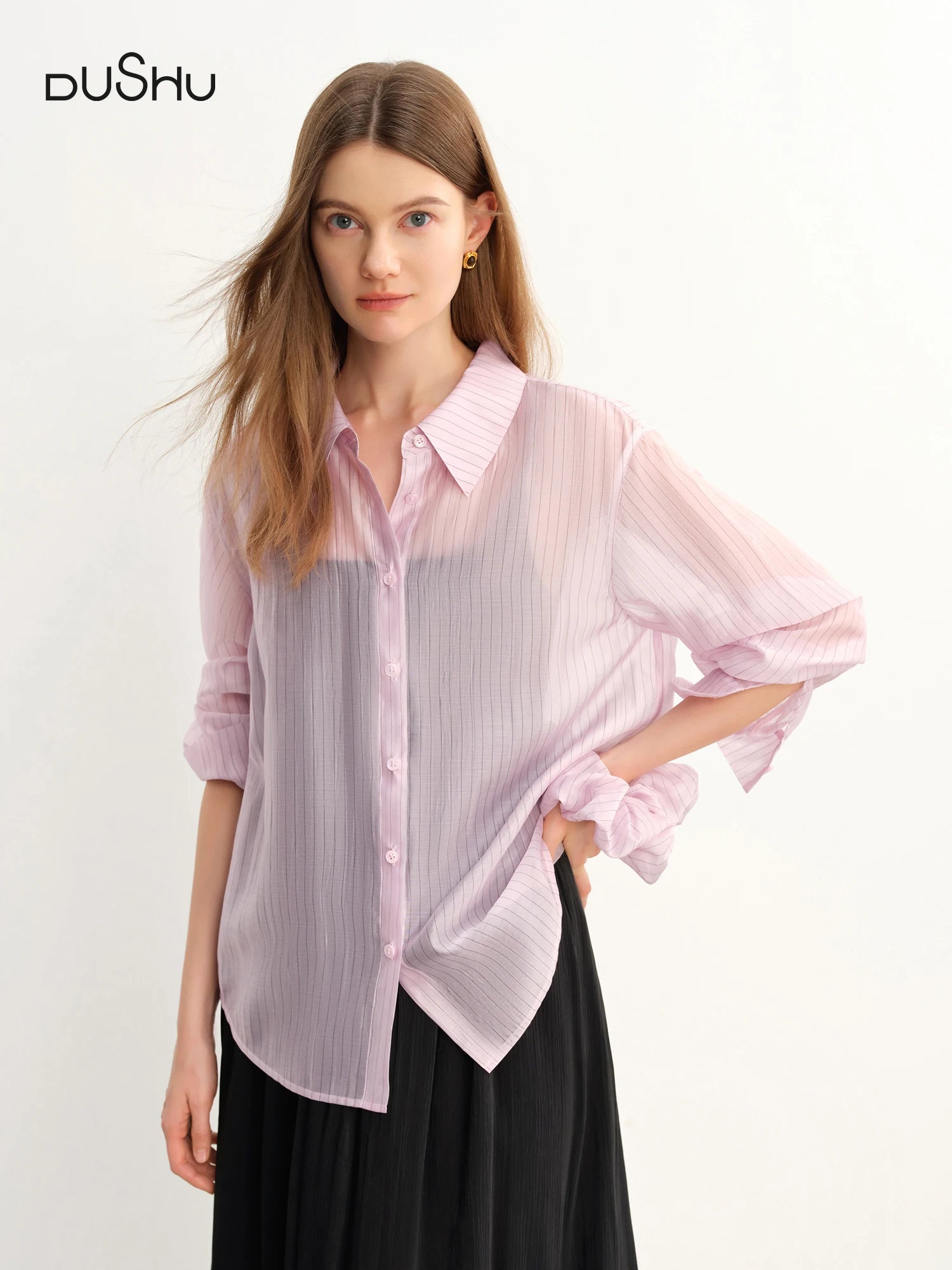 DUSHU Plus Size Striped Perspective Long-sleeved Shirt For Women 2025 Summer New Arrival Fresh Chic Tops for Women 25DS82832