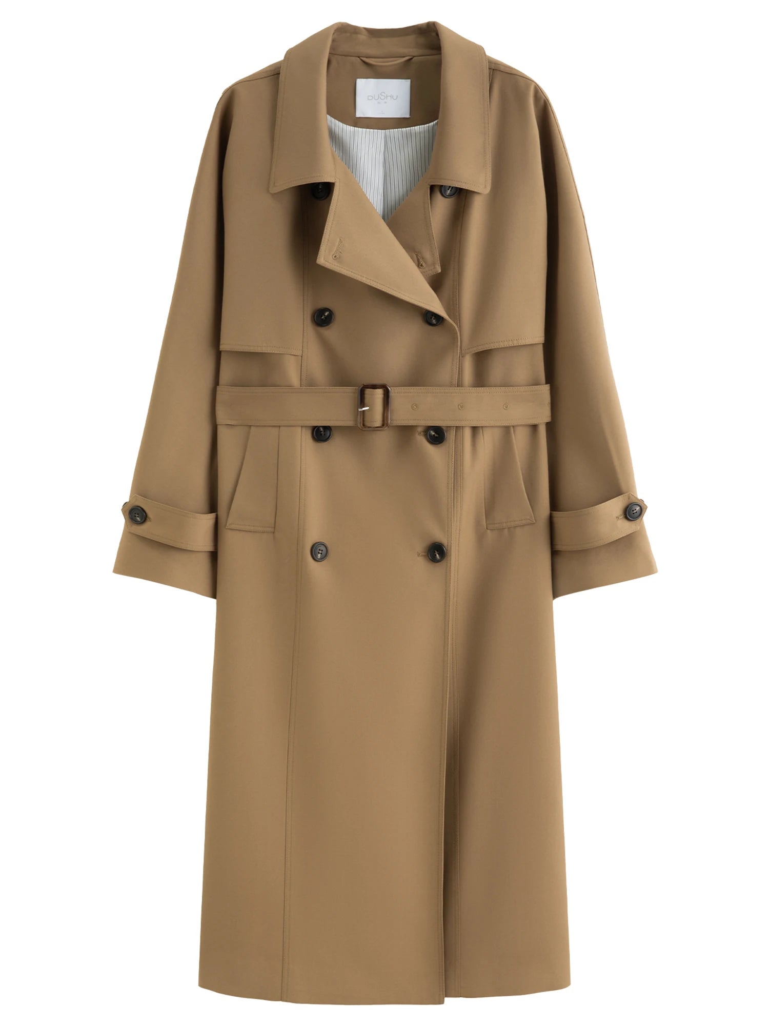 DUSHU Classic Khaki Double Breasted Long Trench Coat - Spring Oversized Lapel Coat with Belted Waist for Casual and Office Wear