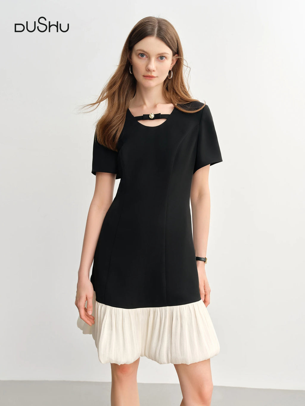 DUSHU Women Elegant Temperament Splicing Dress For Women 2025 Summer New French Style Cloud Dress Fashion Short Dress 25DS82797