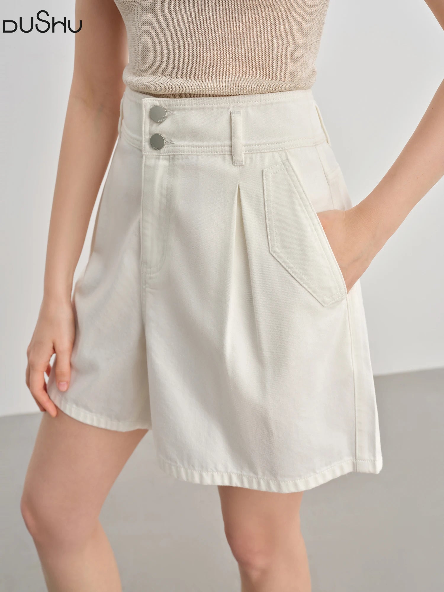 DUSHU Plus Size [Mint Fiber] Three-dimensional Pleated High Waist Denim Shorts 2025 Summer Short Denim 25DS82169