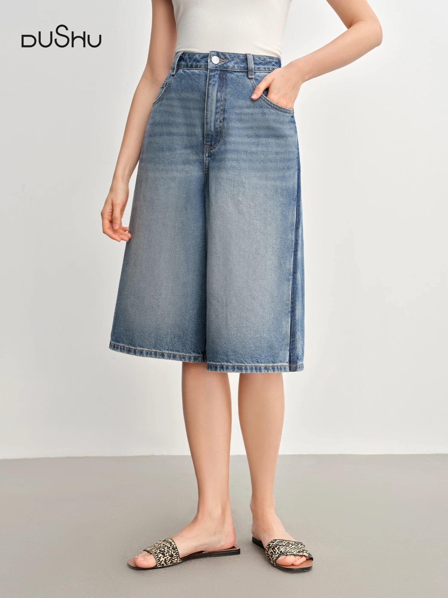 DUSHU Plus Size Women's Casual High-Waisted 7/8 Length Wide-Leg Jeans - 2025 New Arrival Jeans 25DS82853