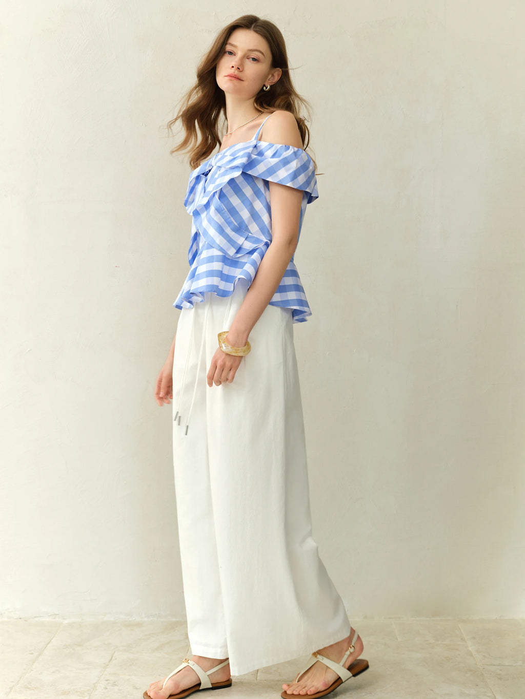 DUSHU 2025 Summer Women's Asymmetric Checkered Blouse - Slim-Fit Geometric Print & Relaxed Casual Chic 25DS82394