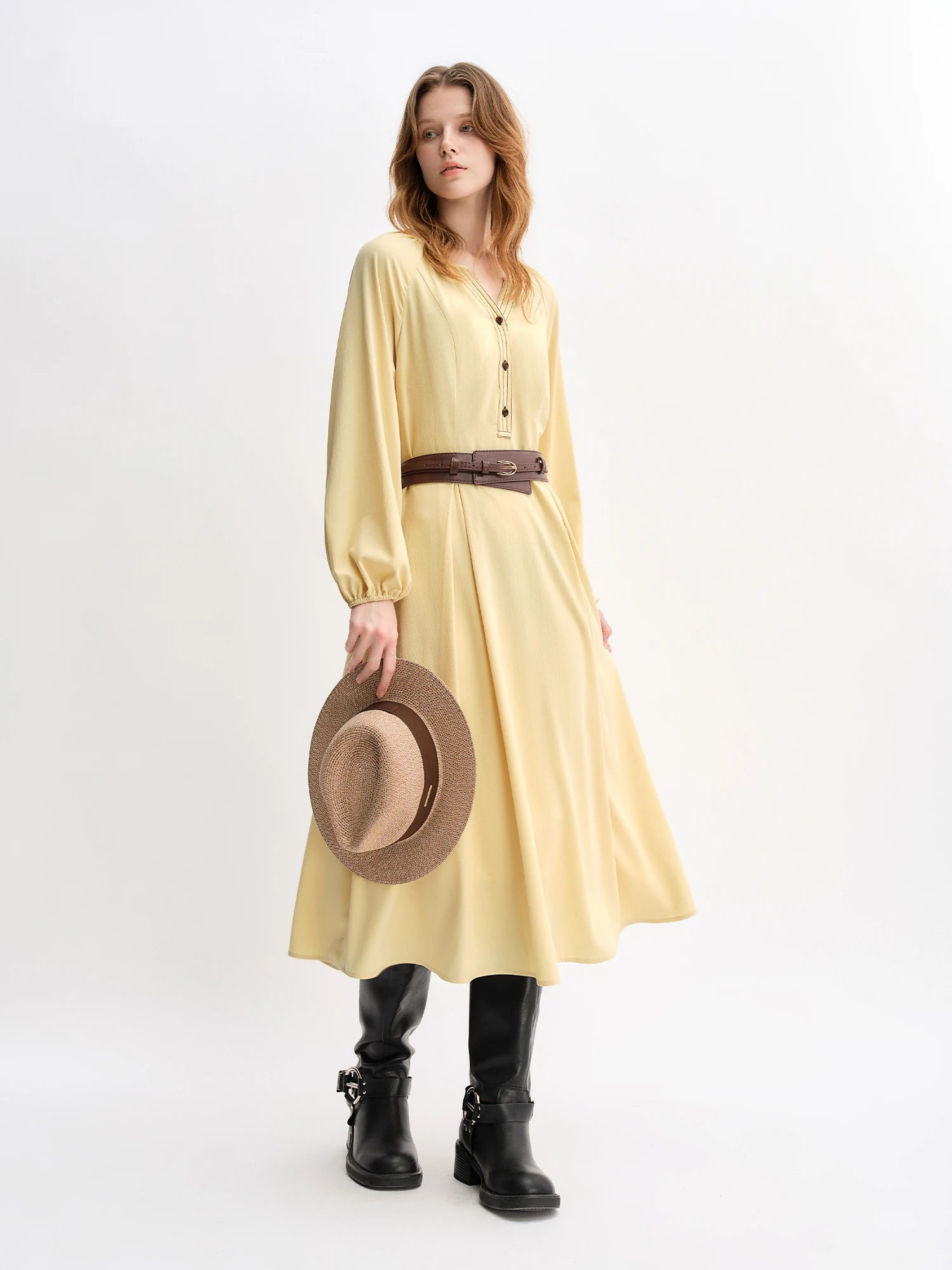 DUSHU Plus Size Women's Apple-shaped Color-blocked Oversized Long Sleeve Dress Autumn 2025 New Arrival Office Casual 25DS83199
