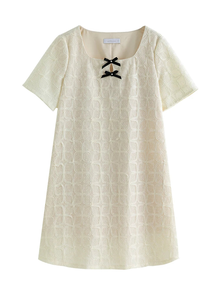 DUSHU Women's Sweet Style Bow Collar Short Dress 2024 Summer New Design Versatile Casual Gentle Dress For Female 24DS82786