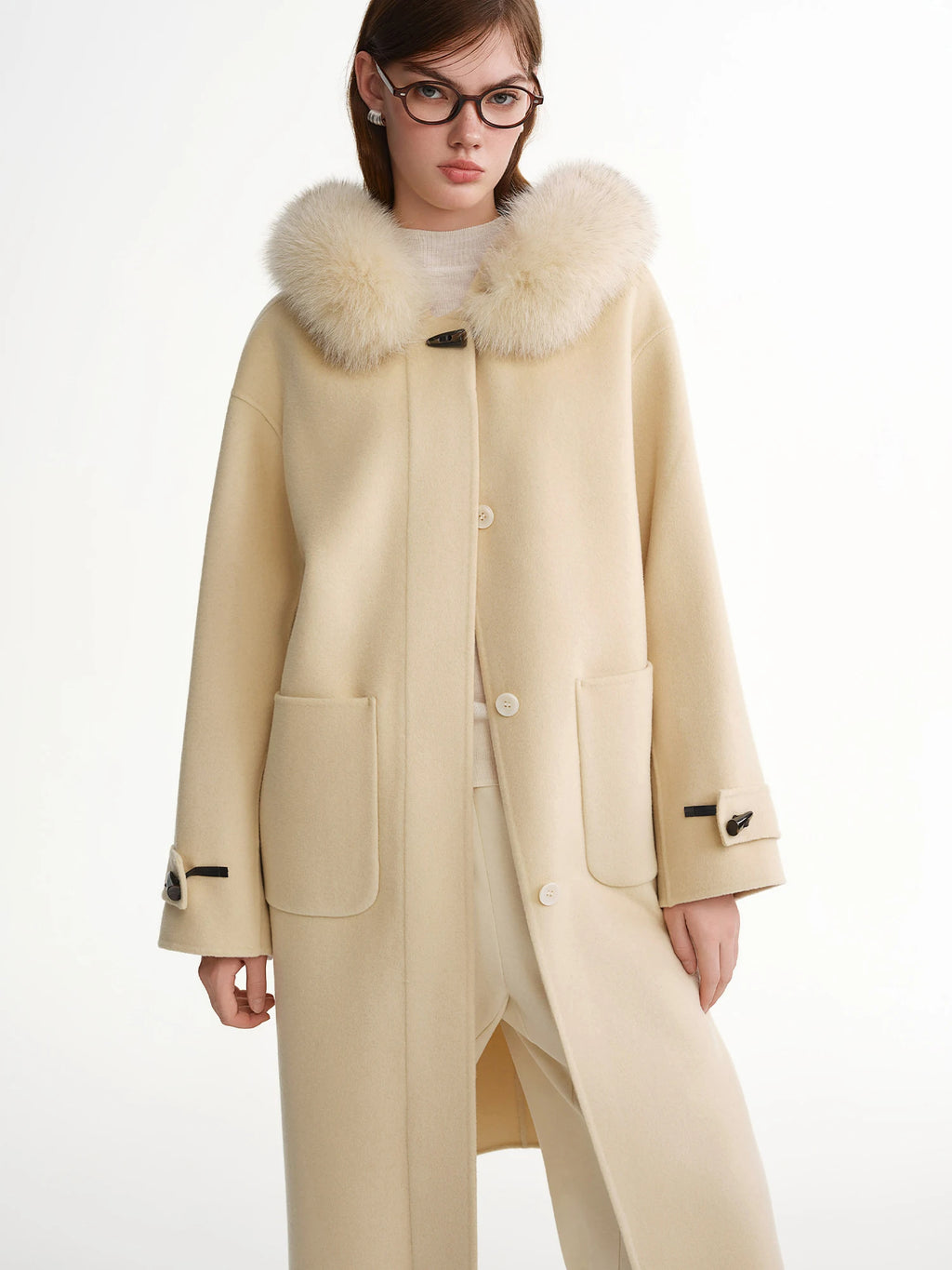 DUSHU Plus-Size Women's Sunset Snow Mountain Fox Fur Collar Double-Faced Wool Overcoat: 2025 Winter New Arrival 100% Wool Coats