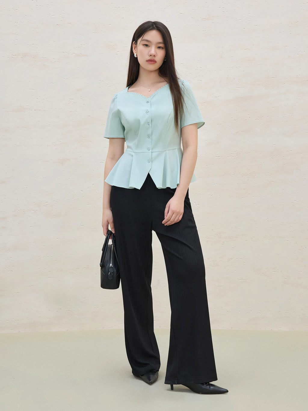 DUSHU 2025 Summer Women's Scalloped Collar A-Line Blouse - Flattering Waist & Versatile Office to Casual Styling 25DS82234