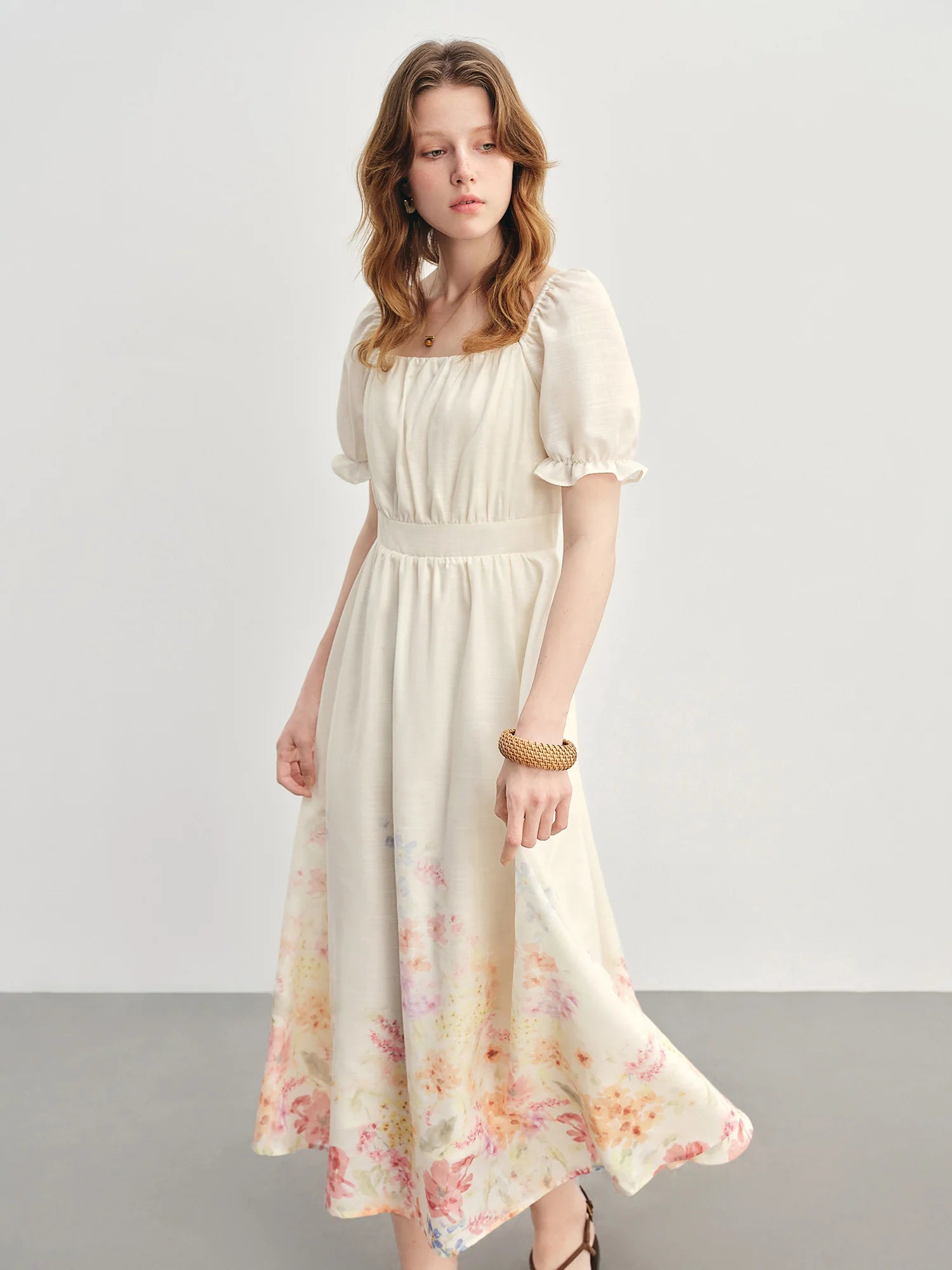 DUSHU Summer 2025 Textured Floral Dress - Regal Bubble Sleeve Fluid Silhouette Resort to Office