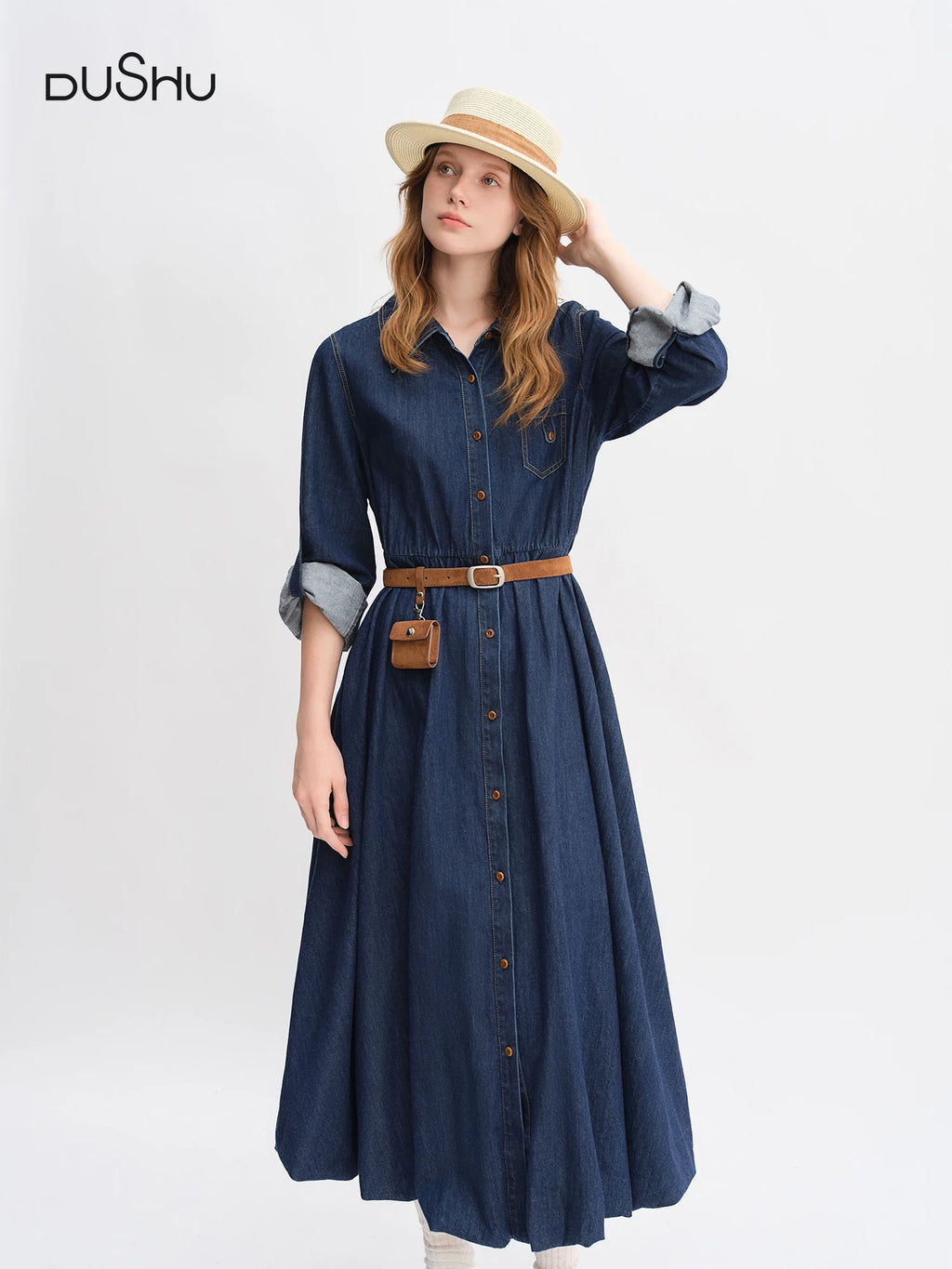 DUSHU Autumn 2025 Women's Denim Dress - Elegant Bouffant Hem Flowy Maxi Dress Casual Daily Wear Empire Waist Floral Print