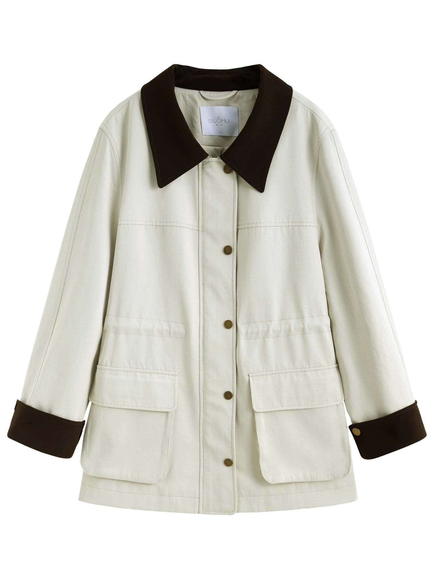 DUSHU Women Spring Casual Trench One Hand Length Turn-down Collar Trenches Drawstring Women Beige Grey Coats 25DS81201