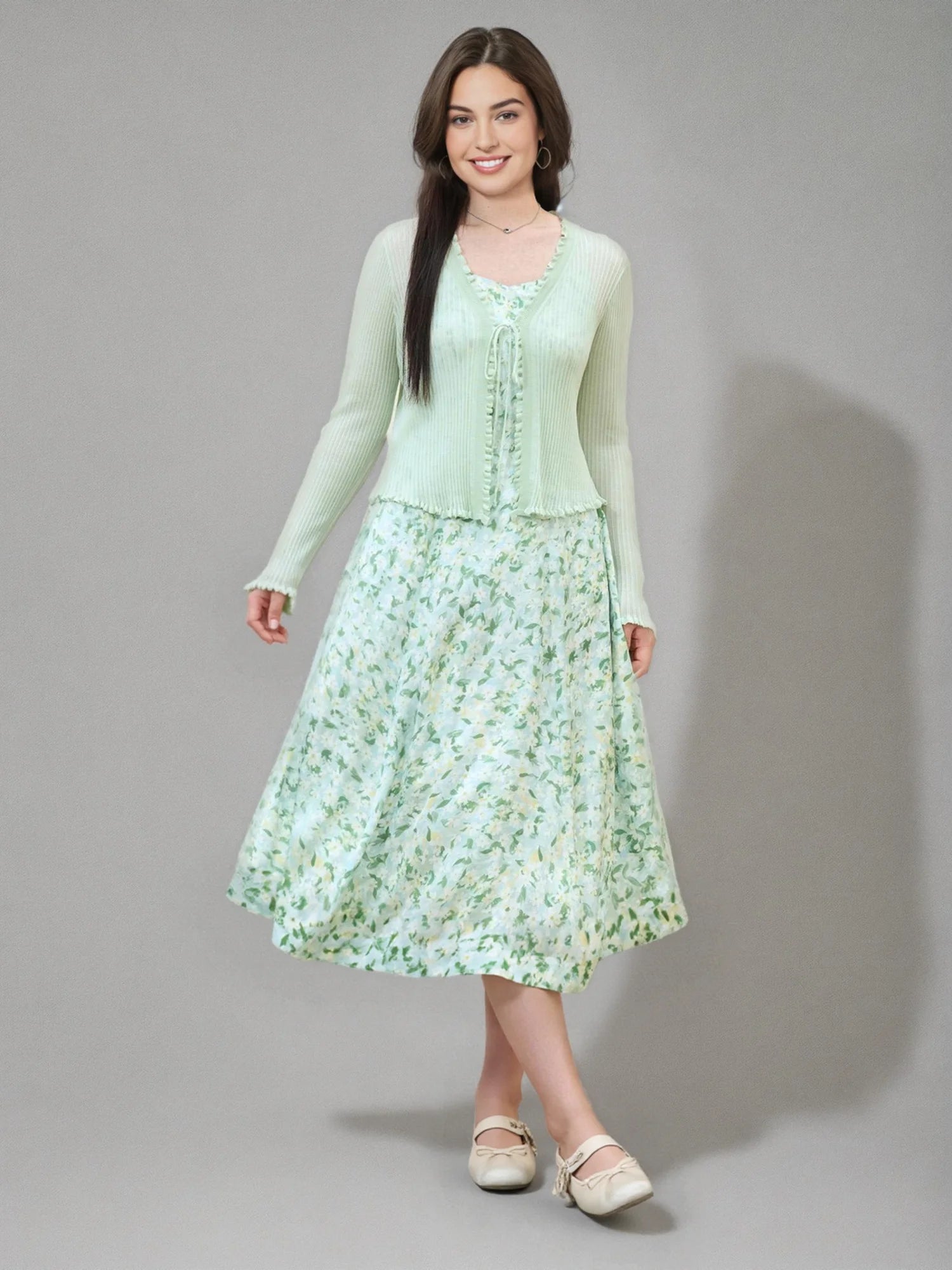 DUSHU Plus Size Green Ladies Strappy Long Dress 2025 Summer New Arrival High Waist Slimming Floral Pring Chic Dress 25DS82085