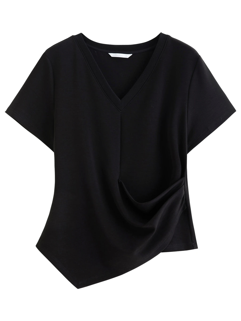 DUSHU Women's Pleated Waist-Defining Asymmetrical T-Shirt: 2026 Spring New Versatile Fitted Short Sleeve Top Essentials V-neck