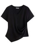 DUSHU Women's Pleated Waist-Defining Asymmetrical T-Shirt: 2026 Spring New Versatile Fitted Short Sleeve Top Essentials V-neck