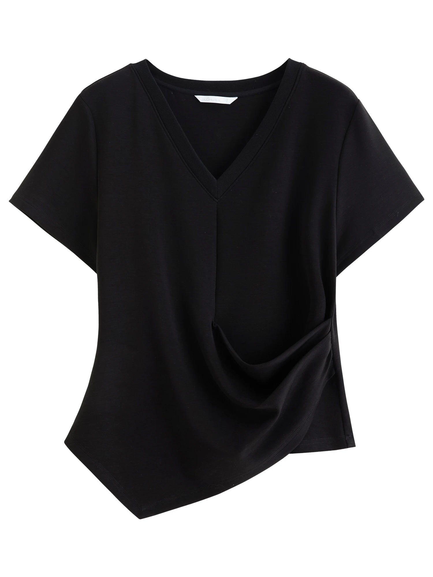 DUSHU Women's Pleated Waist-Defining Asymmetrical T-Shirt: 2026 Spring New Versatile Fitted Short Sleeve Top Essentials V-neck