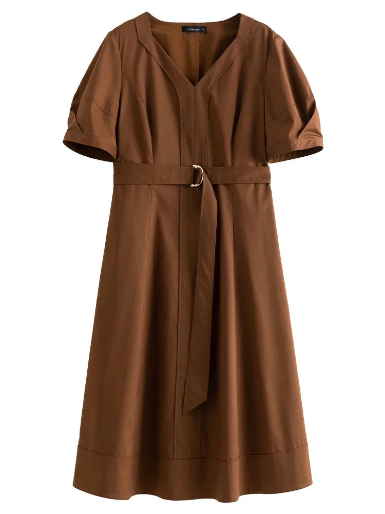 DUSHU French Style V-neck High Waist Commuting All-Match Women Dress 2024 Summer New Temperament Elegant Female Dress 24DS82404