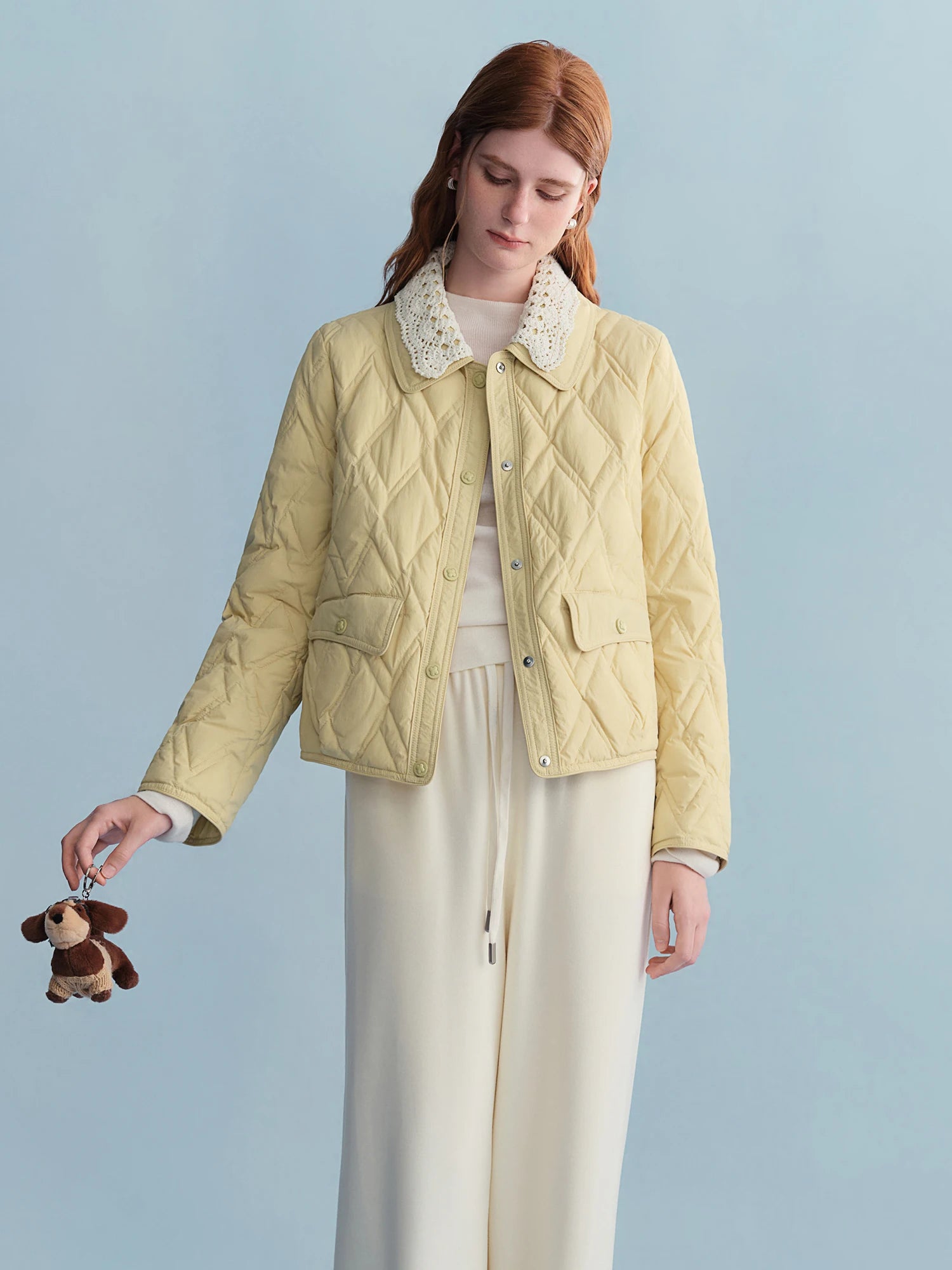 DUSHU Plus Size Women's Cream Quilted Down Coat with Crochet Lace Collar Winter 2025 Fashion Warm Short Puffer Jacket Outerwear