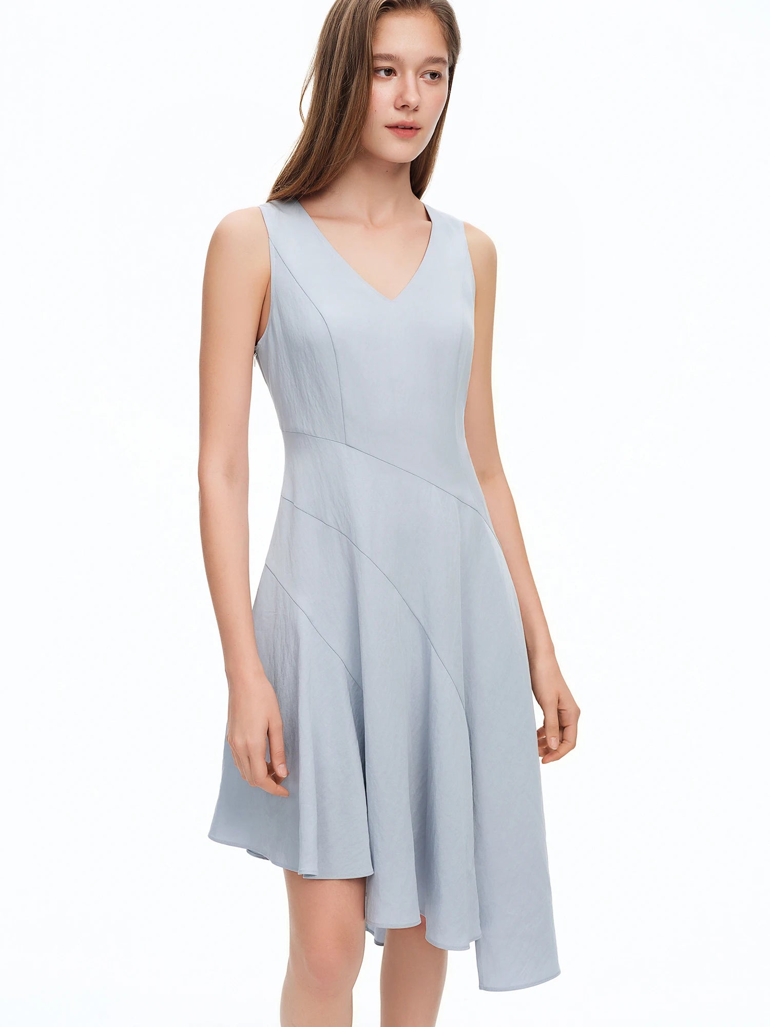 DUSHU Women's Asymmetrical Wave Hem Backless Crop Top Dress Bias Cut Waist-tightening Summer 2026 New Arrival Lyocell Dresses
