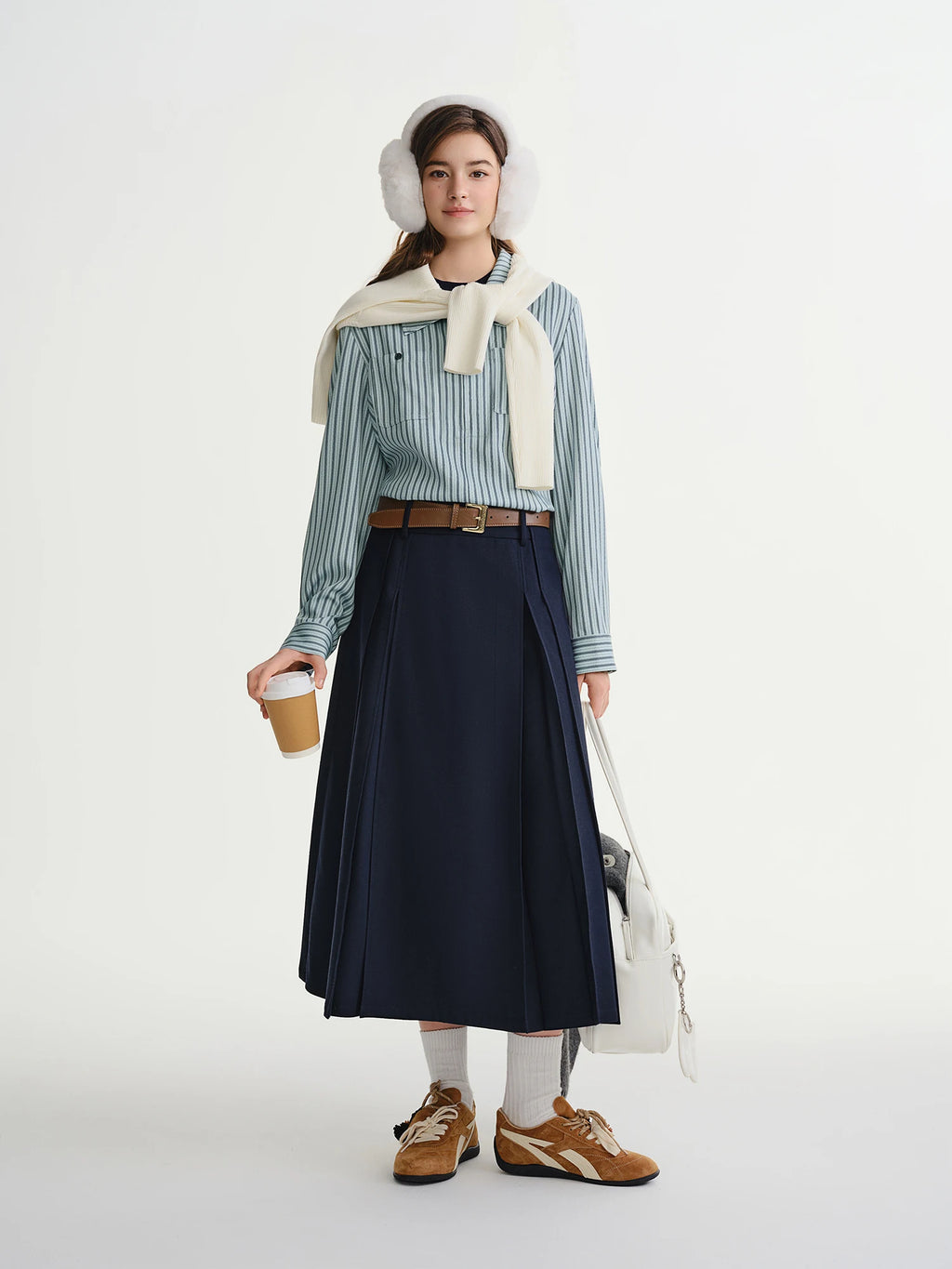 DUSHU Plus-size Women's Deep Blue Gathered Commute High-waisted Pleated Skirt Winter 2025, Perfect for Curvy Figures Women Skirt