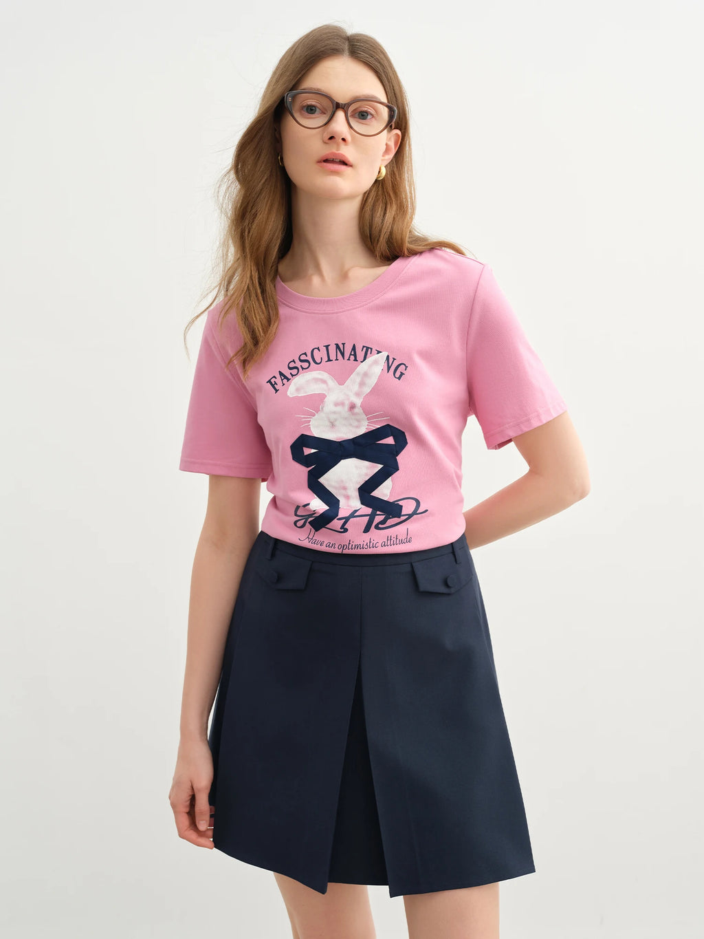DUSHU Plus-size Women 2035 Summer New Style Tees Pixel Rabbit Print Short-sleeve T-shirt with Handmade Bow Ribbon Tees 25DS82361