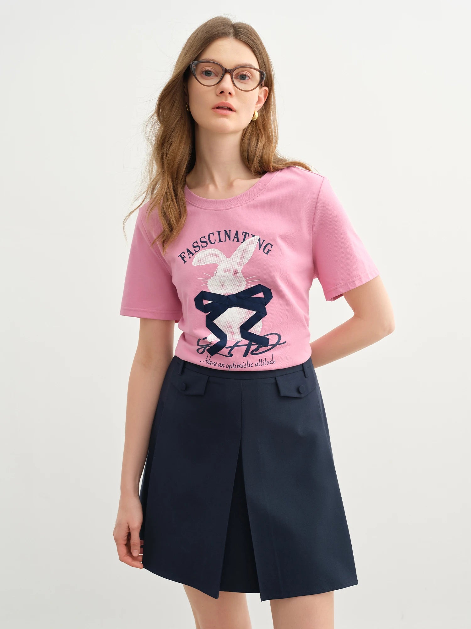 DUSHU Plus-size Women 2035 Summer New Style Tees Pixel Rabbit Print Short-sleeve T-shirt with Handmade Bow Ribbon Tees 25DS82361