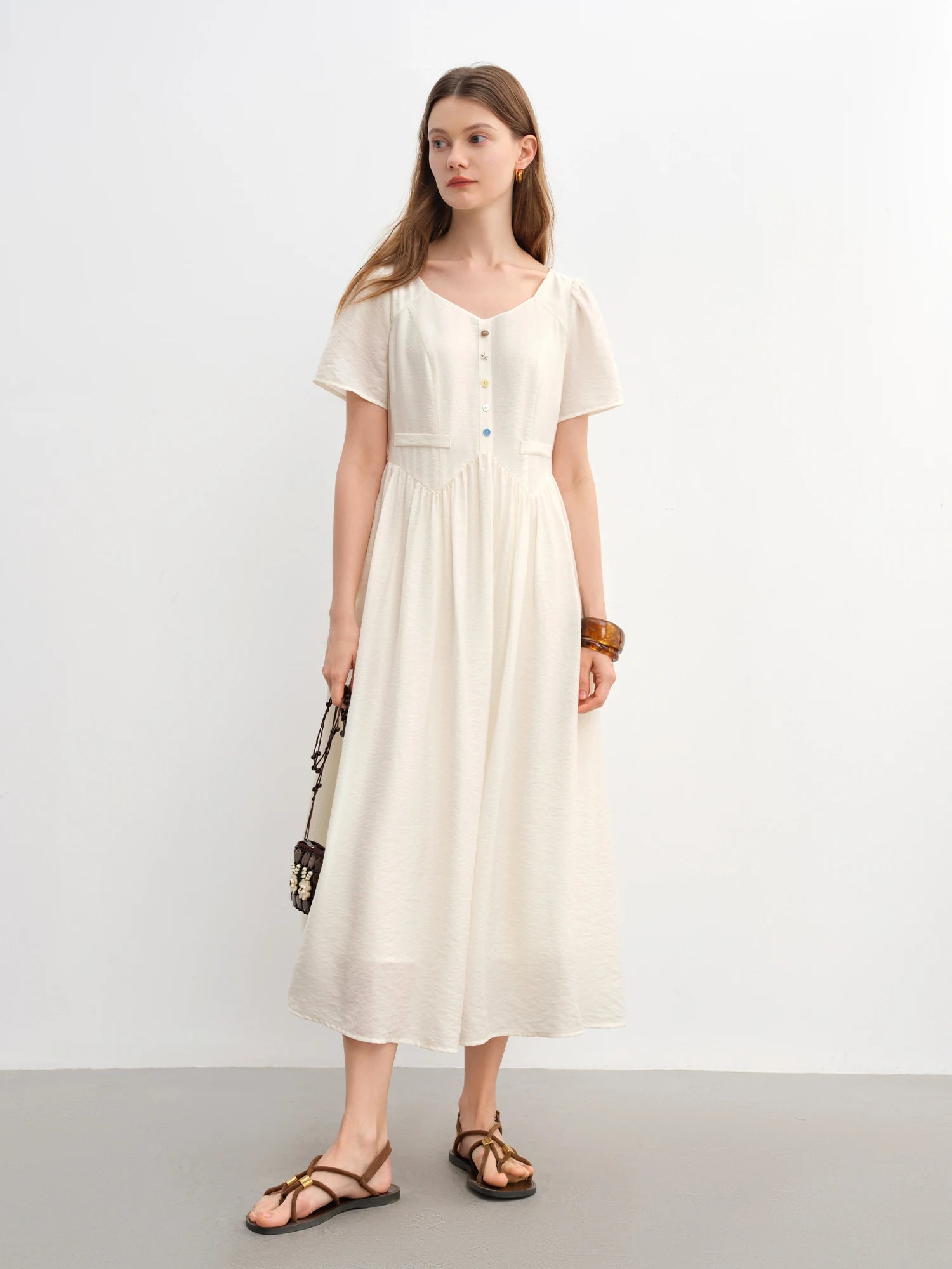 DUSHU Plus Size Women's Sea Salt & White Sand Holiday Style Colorful Button Dress Elegant Summer Long Dress 25DS82942