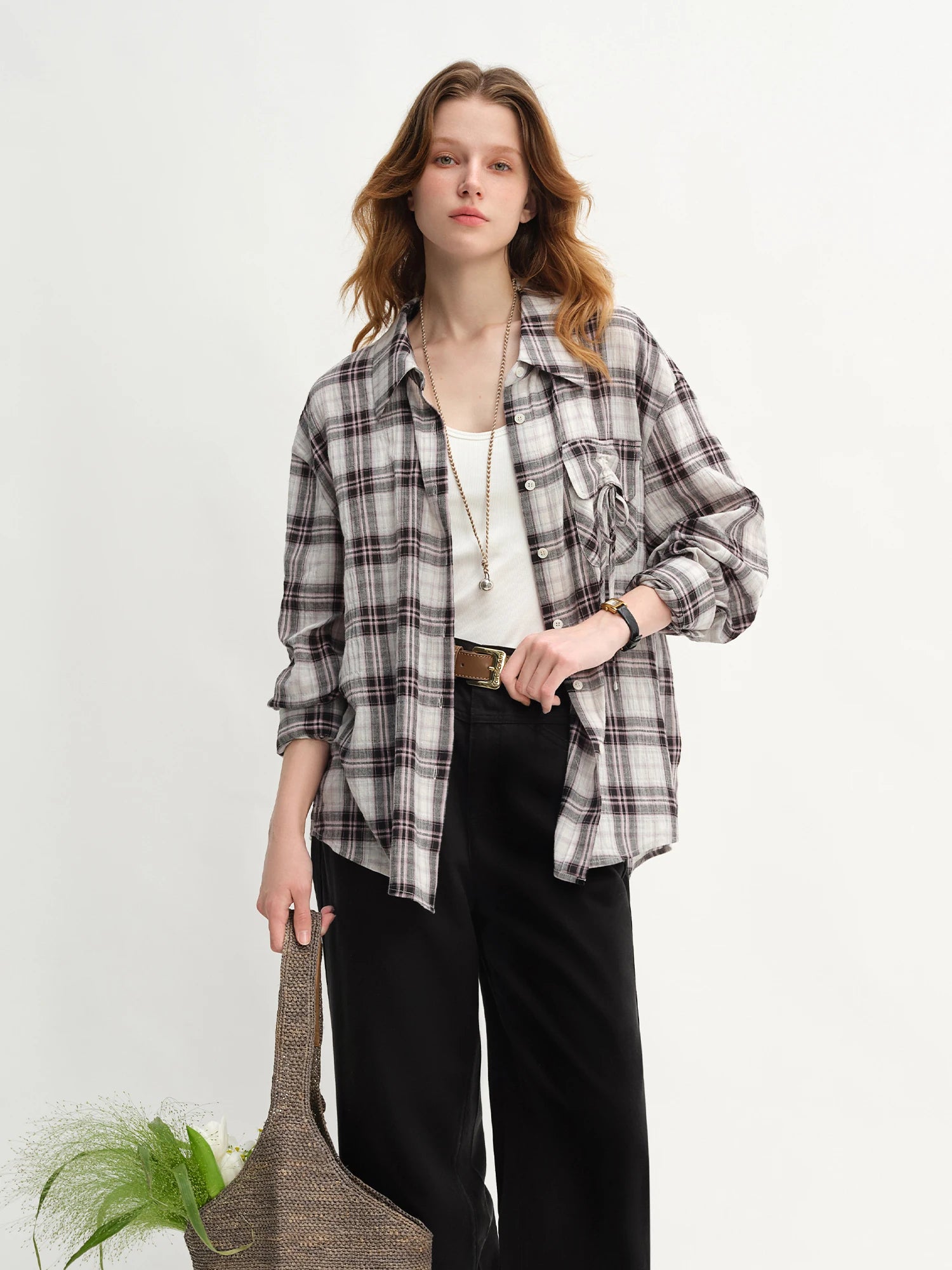 DUSHU Plus Size Women's Pocked Drawstring Plaid Collar Shirt Autumn 2025 New Arrival Top Women's Shirts 25DS83209