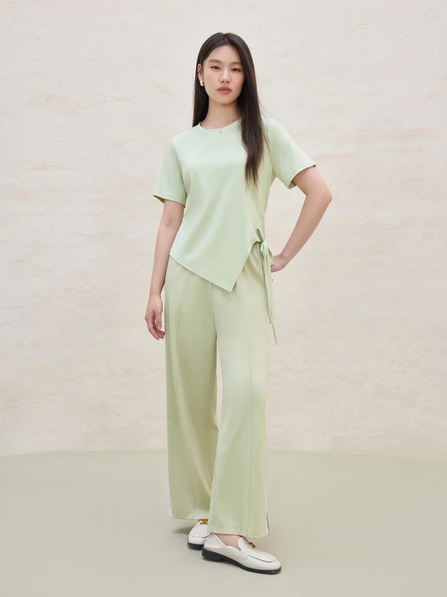 DUSHU 2025 Summer Women's Lace-Trimmed Acetate Pants - Straight Leg & Office Chic Design with Breathable Fabric