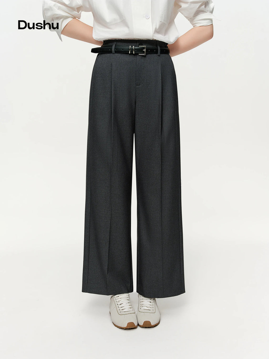 DUSHU 2026 Spring Women's Relaxed Wide Leg Pants, High Waist Casual Lounge Palazzo Trousers, Grey Flowy Straight Leg Joggers