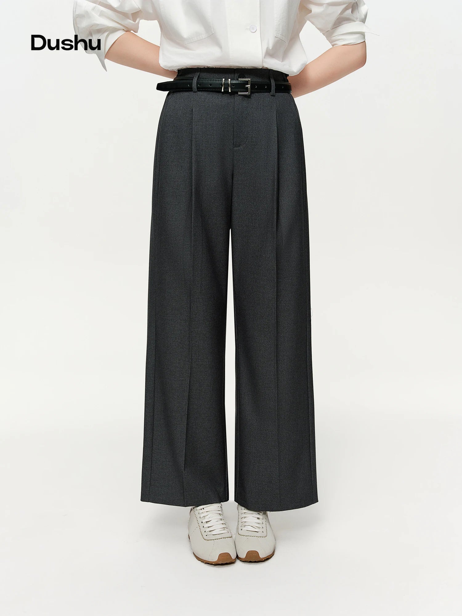 DUSHU 2026 Spring Women's Relaxed Wide Leg Pants, High Waist Casual Lounge Palazzo Trousers, Grey Flowy Straight Leg Joggers