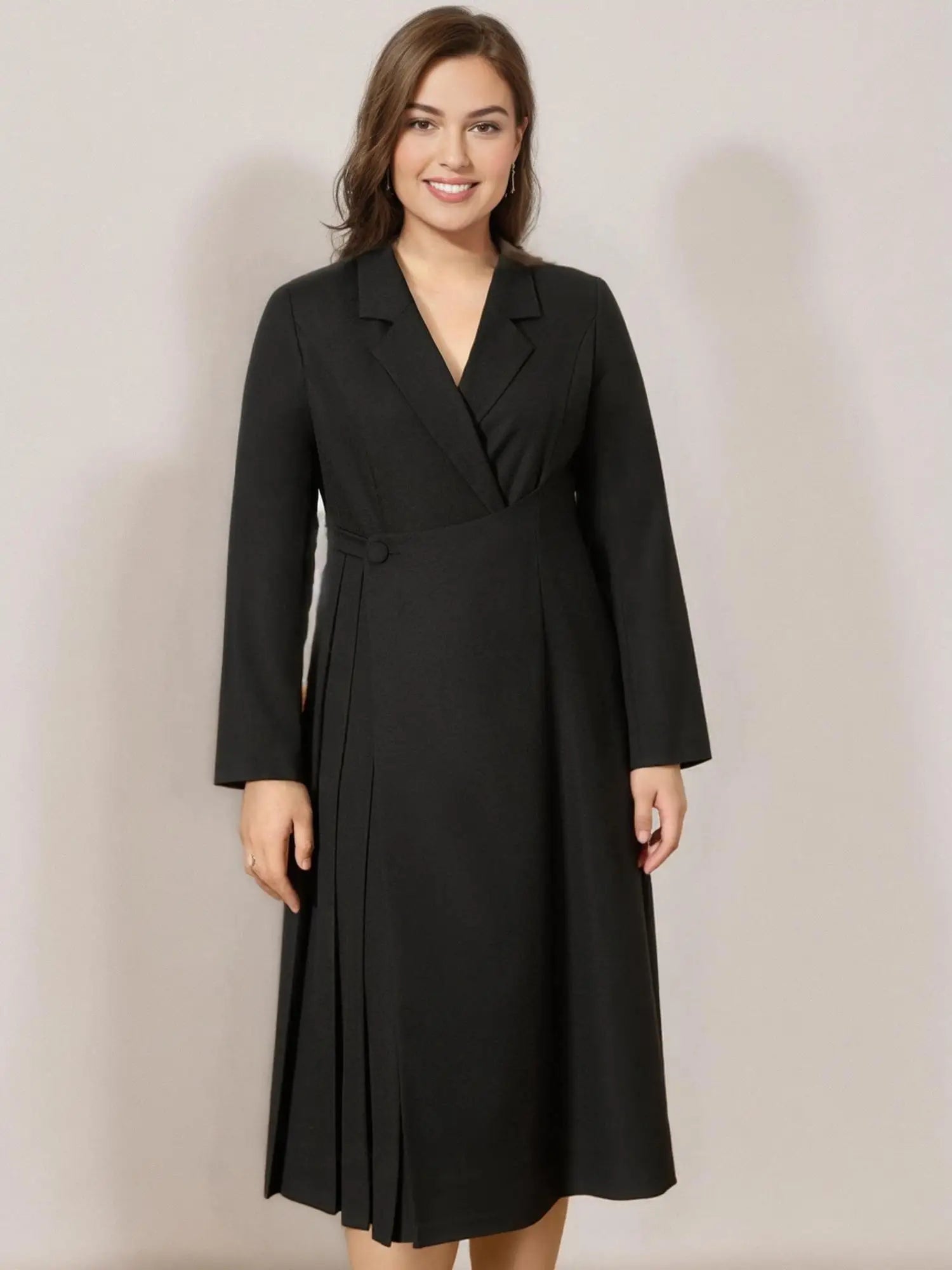 DUSHU【2 Length 2 Color】Women Suit Dress Notched Collar Spring Long Sleeve Pink Dresses Mid-Calf Black Dress 25DS81202+25DS81208
