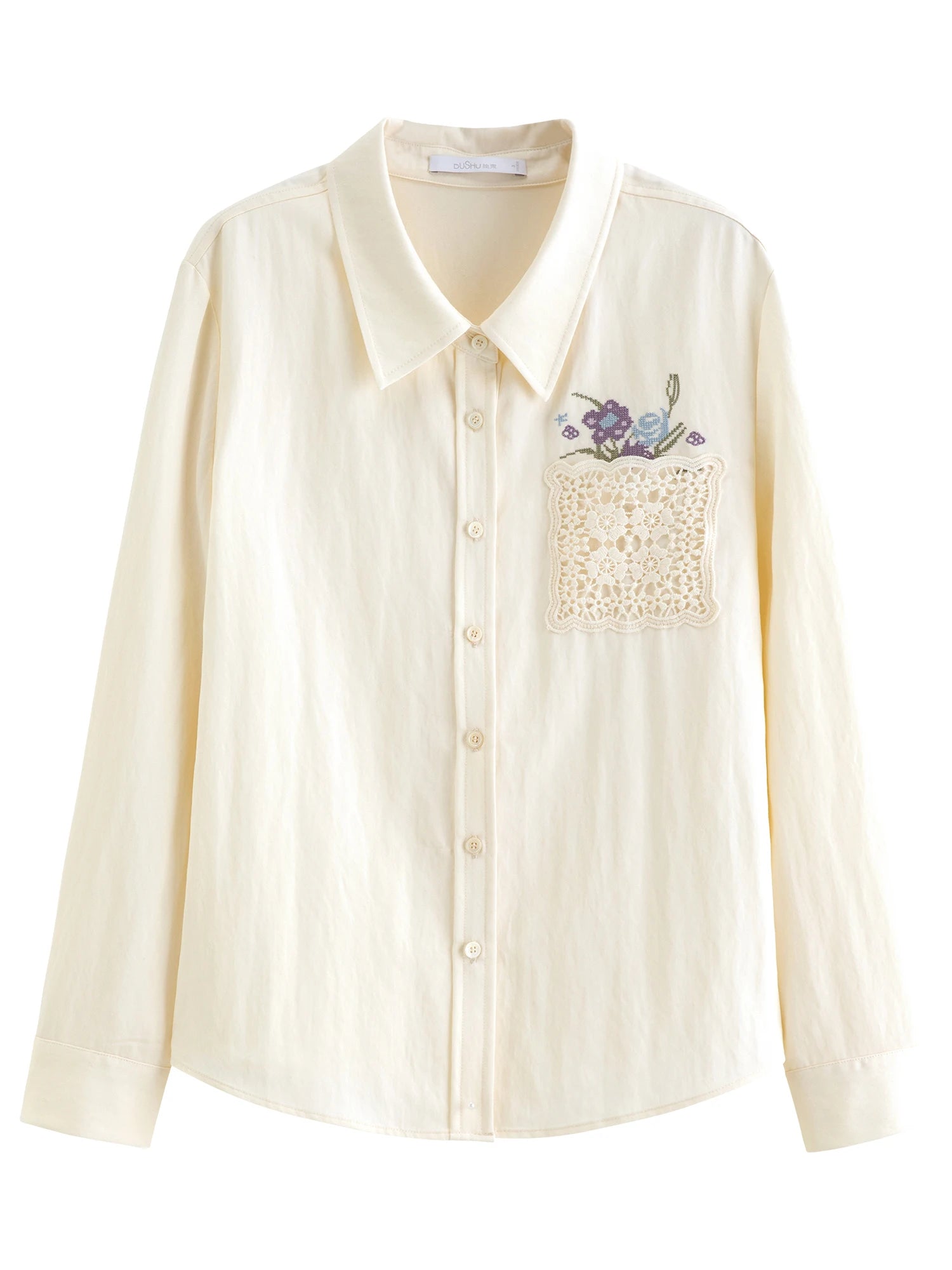 DUSHU 2026 New Spring Women's French Lazy Embroidered Blouse, White Lace Office Chic Shirt for Coquette Chic Cottagecore Style