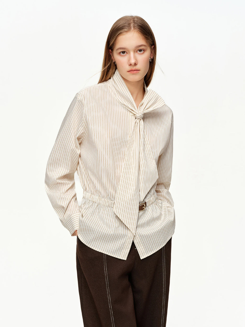 DUSHU Soft Mist Gentle Breeze Women's Blouse Stylish Belted Waist-Cinching Tie-Front White Shirt 2026 Spring New Arrival Shirts
